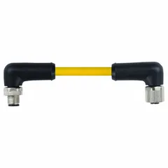 Double-ended cordset with M12 male straight connector on one end and M12 female right-angle connector on the other. Features 5 pins, 16 AWG wire, and 10 m cable length. Yellow TPE jacket with IP66K rating provides protection in harsh environments. Suitable for heavy-duty industrial applications requiring reliable signal or power transmission.