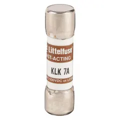 The LITTELFUSE KLK007 is a fast-acting midget fuse rated at 7 A, 600 V AC, and 500 V DC. With a body size of 13/32 in x 1 1/2 in, it provides overcurrent protection in industrial control panels, motor circuits, and power supplies.