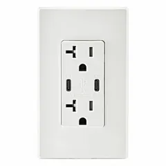 This Leviton weather-resistant receptacle combines a 20A 125V AC duplex outlet with a USB Type-C charging port in a white decorator style. It is suitable for residential and light commercial applications where simultaneous power and device charging are needed, such as in kitchens, offices, or hospitality settings. The receptacle is designed for use in weather-resistant enclosures.
