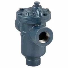 Cast-iron steam trap with 1 in FNPT connections, rated for 950 lb/hr capacity and 125 psi maximum pressure. In-line configuration for horizontal installation. Used to discharge condensate and non-condensable gases from steam distribution and process heating systems. Strainer not included.