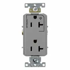 General purpose duplex receptacle rated 125V AC, 20 A, with a 5-20 configuration. Gray finish, 2 pole / 3 wire design. Suitable for standard branch circuits in commercial and industrial settings for powering office equipment, light machinery, and convenience outlets.