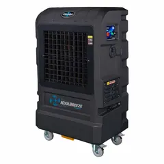 Portable evaporative cooler operating on 110V AC with a 5-15P plug, delivering 8,240 cfm of airflow. Designed for cooling large open areas such as warehouses, factories, and outdoor workspaces where traditional air conditioning is not feasible. Variable speed control allows adjustment of cooling performance.