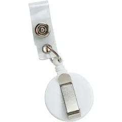 Retractable tether for badges with a white finish. Overall height and width of 1 1/4 in. Supports both horizontal and vertical orientations. Includes a strap attachment for secure badge display in security and identification applications.