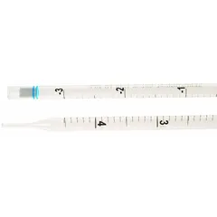 This sterile plastic serological pipette has a 5 mL capacity with 0.1 mL graduation increments. Individually wrapped for single-use applications, it is used for precise liquid handling in laboratory settings such as cell culture, media dispensing, and serial dilutions.