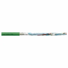 This servo motor feedback cable features a green PUR jacket with conductor grouping of (4) pair 24 AWG and (2) 20 AWG, no ground. It is ordered by the foot and has a minimum bend radius factor of 8 x OD for fixed installation and 12 x OD for flexible installation. Suitable for use in cable carriers, robotics, and machine tools for transmitting encoder or resolver signals.