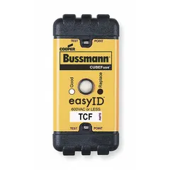 Class CF, time-delay cube fuse rated 50 A, 600 V AC, 300 V DC. Features indicating function for blown-fuse detection. Used for overcurrent protection in motor circuits, transformers, and other inductive loads where temporary inrush currents occur.