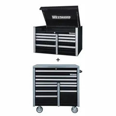 This extra-heavy-duty top chest and rolling cabinet combo provides 18 drawers with ball-bearing slides for organized tool storage. The keyed locking system secures contents. Overall dimensions: 42 in W x 25 3/4 in D x 73 1/2 in H. Suitable for industrial workshops, garages, and maintenance facilities.