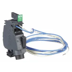 Prewired undervoltage release accessory for PowerPact B circuit breakers. Trips the breaker when voltage drops below a specified level, providing undervoltage protection. Rated 24V AC/DC, with no poles.