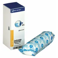 Sterile, latex-free conforming gauze roll measuring 4 inches wide by 5 yards long. Made of white gauze material, it is not water resistant and does not include a fastener. Designed to conform to body contours for securing primary dressings or providing light compression in first aid applications. Meets ANSI/ISEA Z308.1-2015 standards