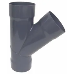 This PVC wye branch is designed for 8-inch duct diameter with a 45° angle and 24 1/4-inch overall length. It is used in ventilation and dust collection systems to split or merge airflow, suitable for low-pressure air movement applications.