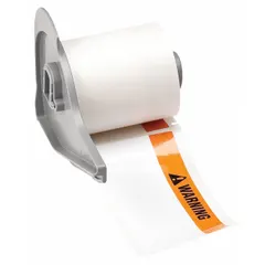 Orange-header polyester precut label roll measuring 1 29/32 in x 4 in, with rubber adhesive and halogen-free material properties. Compatible with M710 printer series. Used for on-demand warning labeling in industrial environments such as machining, electrical, and material handling departments.