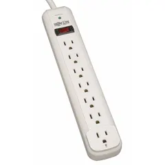General purpose surge protector with 7 outlets, 12 ft cord, 1080 J energy rating, and 15 A current. UL 1363 listed. Keyhole mounting for secure attachment to walls or desks. Suitable for protecting electronics in offices, workstations, and home entertainment setups.