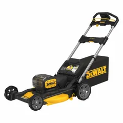 This battery-powered push mower features a 21-1/2 in cutting width and a steel deck. It offers bagging, mulching, or side discharge options with a single-point cutting height adjustment and variable speed settings. The kit includes a battery and provides up to 100 minutes of run time on the 20V MAX platform.