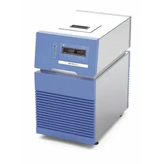 Refrigerated circulator with digital display, providing a minimum temperature setting of -20 °C and temperature accuracy tolerance of ±0.2°C. Overall depth is 19 1/4 inches. Used for precise temperature control in laboratory processes such as cooling reactors, condensers, and analytical instruments.