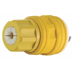 This LEVITON watertight locking plug is a non-NEMA configuration rated for 250V AC at 10 to 20 amps. It features 4 poles and 5 blades in a yellow housing. Designed for industrial environments requiring a sealed connection in wet or washdown locations.