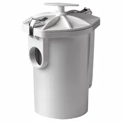 This gray plastic solids interceptor captures and retains solid debris from wastewater, protecting downstream plumbing and equipment. It includes a removable sediment bucket for easy cleaning. With a 1 lb solids capacity, 2 in overall diameter, and 8 1/2 in overall width, it is suited for installation in drains where sediment removal is needed before discharge.