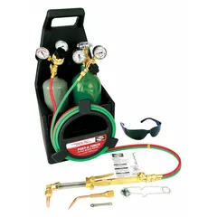 Portable brazing, cutting, and welding outfit for acetylene service. Includes a regulator with CGA 200 fuel connection. Suitable for maintenance, repair, and light fabrication tasks in field or shop environments.