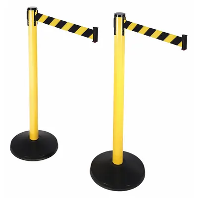 RETRACTA-BELT Barrier Post with Belt: 40 1/2 in Post Ht, 10 ft Belt Lg, Black/Yellow - Retractable Belt Barrier Systems