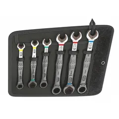 This six-piece wrench set includes metric sizes from 10 mm to 19 mm, each with a 12-point ratcheting box end for faster fastener turning without repositioning. The wrenches are made of alloy steel with a nickel chrome finish and come in a pouch for storage. Suitable for tightening and loosening fasteners in general mechanical and assembly tasks.