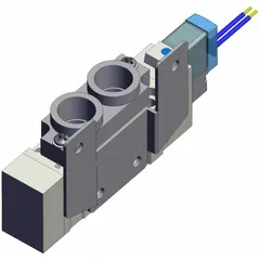 Single solenoid, monostable directional control valve from the SY7000 Series. Five-way/two-position configuration with five ports. Operates on 24V DC with plug-in electrical connection and internal pilot. Used to direct compressed air in automated machinery and industrial process control systems.