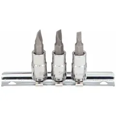 This 25-piece slotted bit socket set includes 8 slotted bits with a tip size range of 4 mm to 6 mm. The bits feature a fixed insert design and are compatible with 1/4 in drive tools. Used for driving slotted screws in assembly, maintenance, and repair tasks.