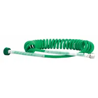 Single-coil oxygen hose with straight design, 1/4 in diameter, and green color. Fitted with brass connections and a DISS female outlet. Used to supply oxygen from a DISS outlet to a ventilator in medical gas delivery systems