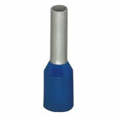 Insulated ferrule for terminating stranded wire ends. Holds 1 wire with 0.09 in ferrule diameter. Blue polypropylene insulation. Used in terminal blocks and connectors for secure, vibration-resistant connections in control panels and automation systems.