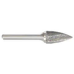 Double-cut flame bur with a 1/8" x 1/4" head and 1/8" shank. Used for shaping, deburring, and finishing ferrous and non-ferrous metals in industrial machining, toolmaking, and fabrication applications.