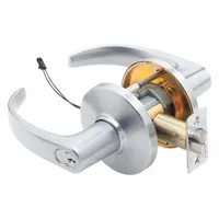 This electric lever lockset features a satin chromium-plated zinc alloy finish with a curved lever design. It is ADA compliant and configured for storeroom function, suitable for interior doors requiring electric access control in commercial settings