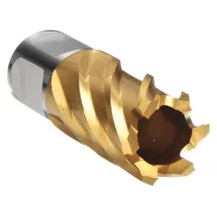 Cobalt annular cutter with TiN coating and Weldon Flat shank, 9/16 in diameter, 1 in maximum cutting depth. Designed for cutting precise holes in hard materials such as stainless steel and high-strength alloys. Suitable for structural steel fabrication, shipbuilding, and heavy equipment maintenance.