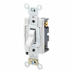 4-way maintained toggle switch rated 20 A at 120/277V AC. White non-illuminated design. Used with two 3-way switches to control a lighting load from three or more locations.