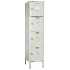 This assembled louvered metal box locker from LYON features four tiers and a single-unit width. The tan locker includes a louvered door for ventilation and a padlock hasp for user-supplied locking. Suitable for securing personal items, work clothing, or tools in industrial environments.