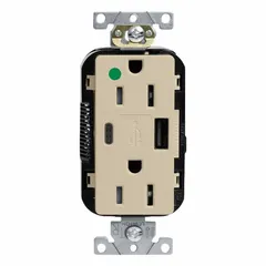 This hospital-grade duplex receptacle combines a 125V AC, 15A 5-15R outlet with integrated USB Type A and C charging ports in a single ivory unit. Designed for use in healthcare facilities, it meets rigorous safety and durability standards required in medical environments.