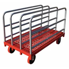 This single-height vertical panel truck features a gray/red finish and a 54 in L x 30 in W x 38 1/2 in H deck with a 12 in deck height. It includes 4 adjustable rails and (4) swivel casters with brakes for mobility and secure positioning. Used for transporting large, flat materials such as plywood, drywall, or metal sheets in warehouses, factories, and construction sites.