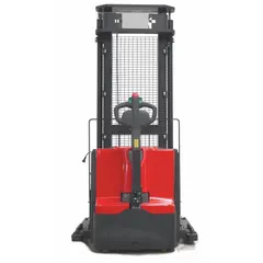 Electric straddle stacker with hydraulic lift mechanism. Capacity 3500 lb. Maximum lifting height 114 in. Forks 45 1/4 in long by 4 5/8 in wide, adjustable width across forks from 19 in to 39-1/2 in. Used for lifting and stacking palletized loads in warehouses and industrial facilities.