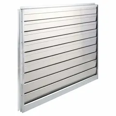 This single-panel backdraft damper is designed for horizontal mounting in ceiling or roof ventilation openings. It features flat blades that open vertically to allow exhaust airflow up to 2250 fpm and close automatically when the fan stops to prevent reverse airflow and debris entry. The damper is constructed with felt material.