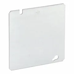 Steel blank cover for square electrical boxes. Seals unused openings in junction or outlet boxes, protecting wiring from dust and debris. Overall length 4-11/16 inches. Suitable for commercial and industrial installations where a flush cover is required.