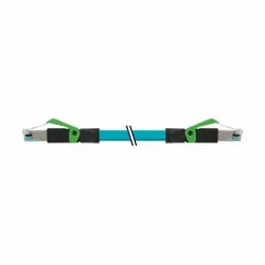 This shielded Cat5 cordset features RJ45 male straight connectors on both ends, a 5 m length, and a blue TPE cable jacket. It is used for Ethernet networking connections between devices such as computers, switches, and routers in industrial environments where electromagnetic interference is a concern.