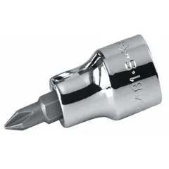 Pozidriv bit socket with #2 tip size and replaceable insert. Designed for driving Pozidriv fasteners in applications requiring secure engagement and reduced cam-out. Suitable for use with 3/8 in drive tools.