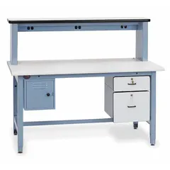 Adjustable-height workstation with a laminate surface measuring 72 by 30 inches. Supports up to 5,000 lb overall load capacity. Includes integrated power and storage features. Suitable for industrial assembly, maintenance, and laboratory applications.