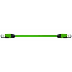 Cat5e-rated RJ45 male straight to RJ45 male straight cordset with 10 m length. Green PUR cable jacket, IP20 rating. Suitable for industrial Ethernet data transmission in factory automation and machine building.