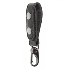 Black leather key pouch with snap closure. Measures 6 1/4 inches by 29 mm. Fits belts up to 2 1/4 inches wide. Plain design for carrying keys on a belt.