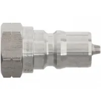 This PARKER ISO B Series hydraulic quick-connect coupling plug (MPN SH2-63) features a 303 stainless steel body with a 1/4"-18 female NPTF thread and a nitrile seal. It is designed for quick connection and disconnection of hydraulic lines without tools, suitable for fluid power systems handling oils and fuels