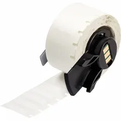 Polyester precut label roll, 3/4 in x 1/4 in, white gloss finish. Rated for -40°F to 356°F. Compatible with BMP71 printer using Media Adapter. Used for industrial identification and asset marking in harsh environments.