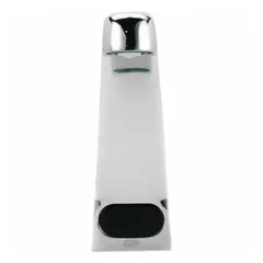 This single-post sensor faucet features a brass body with chrome finish and operates on battery power. It has a flow rate of 0.5 gpm and a UNEF connection. The unit includes three supply hoses for a mixing valve, suitable for touch-free hand washing in commercial restrooms.