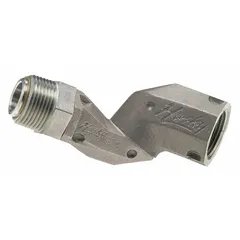 This swivel connector is designed for fuel-handling systems to prevent hose twisting and kinking. It features a 1-inch NPT inlet and a 1-inch NPT discharge, both available in male or female gender. The body is made of aluminum, and the connector is chemically compatible with gasoline.