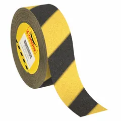 Continuous roll antislip tape with coarse 60-grit abrasive surface and striped black/yellow pattern. Features aggressive adhesive and fluid-resistant properties for indoor and outdoor use in chemical environments. Meets OSHA specifications for medium-traffic areas such as floors, stairs, ramps, and walkways.