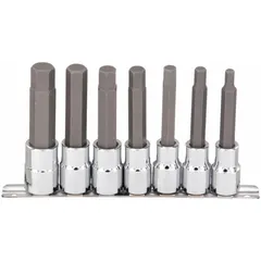 This 25-piece hex bit socket set includes 7 hex bit sockets with a 1/2 in drive and tip sizes ranging from 1/4in to 5/8in. The fixed insert design provides secure engagement with hex fasteners. Suitable for driving hex bolts and screws in general maintenance and repair tasks.