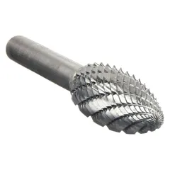 Double-cut carbide flame bur with a 1/8" x 1/4" head and 1/8" shank. Trade number SH-41. Designed for shaping, deburring, and finishing metal surfaces in tool and die work and general fabrication.