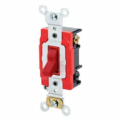3-way maintained toggle switch with red illuminated toggle for visibility in low-light conditions. Rated 20 A at 120 V AC. Suitable for controlling a load from two locations in residential and commercial settings.